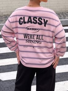 Muchica Plus Size Women's Letter Stripe Print Crew Neck Drop Shoulder Long Sleeve Casual T-Shirt Fall - Pink - View 2