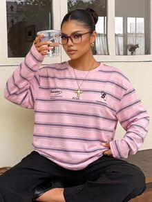 Muchica Plus Size Women's Letter Stripe Print Crew Neck Drop Shoulder Long Sleeve Casual T-Shirt Fall - Pink - View 1
