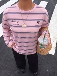 Muchica Plus Size Women's Letter Stripe Print Crew Neck Drop Shoulder Long Sleeve Casual T-Shirt Fall - Pink - View 6