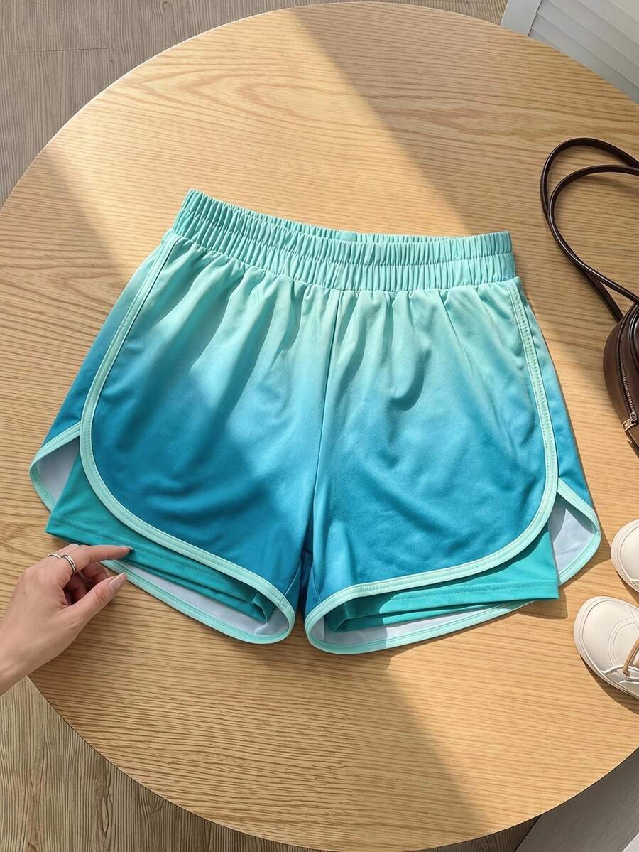 SHEIN Tween Girls Casual Active Baggy Modest Simple Light Blue Gradient 2 In 1 Anti-Exposure Sports Shorts Knit Fashion Pants Summer Gym Jogging - Multicolor - View 1
