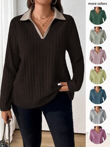 SHEIN LUNE Plus Size Women's Casual V-Neck Solid Color Ribbed Long Sleeve Loose T-Shirt, Multiple Colors Available, Spring/Autumn Fall - Multicolor - View 8