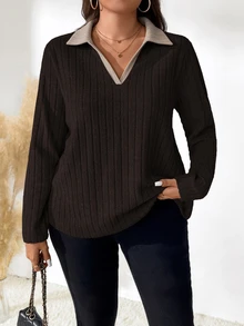 SHEIN LUNE Plus Size Women's Casual V-Neck Solid Color Ribbed Long Sleeve Loose T-Shirt, Multiple Colors Available, Spring/Autumn Fall - Multicolor - View 1