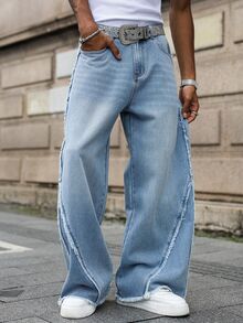 RivetRise Men's Street Style Frayed Patchwork Wide Leg Pants - Light Wash - View 4