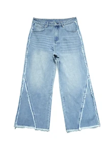 RivetRise Men's Street Style Frayed Patchwork Wide Leg Pants - Light Wash - View 6