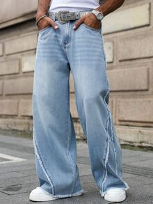 RivetRise Men's Street Style Frayed Patchwork Wide Leg Pants - Light Wash - View 3