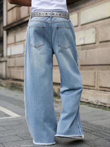 RivetRise Men's Street Style Frayed Patchwork Wide Leg Pants - Light Wash - View 2
