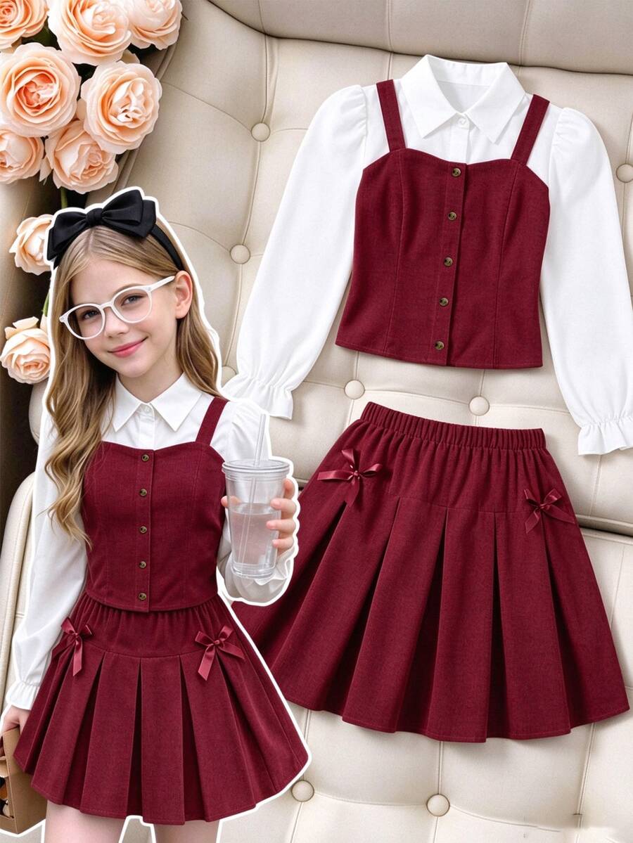 SHEIN Girls' Plaid Patchwork Shirt Collar Puff Long Sleeve Blouse With Elastic Waist Pleated Skirt, Preppy Style, Suitable For Spring/Autumn School,Commute, - Burgundy - View 1