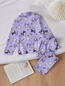 SHEIN Girls' Purple Dark Cat Print Cute Sweet Open Front Simple Long Sleeve Pants Loungewear Set, Soft And Comfortable Fabric, Perfect Gift For Girls - Purple - View 3