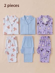 SHEIN Girls' Purple Dark Cat Print Cute Sweet Open Front Simple Long Sleeve Pants Loungewear Set, Soft And Comfortable Fabric, Perfect Gift For Girls - Purple - View 9