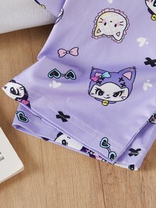 SHEIN Girls' Purple Dark Cat Print Cute Sweet Open Front Simple Long Sleeve Pants Loungewear Set, Soft And Comfortable Fabric, Perfect Gift For Girls - Purple - View 7
