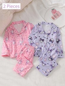 SHEIN Girls' Purple Dark Cat Print Cute Sweet Open Front Simple Long Sleeve Pants Loungewear Set, Soft And Comfortable Fabric, Perfect Gift For Girls - Purple - View 10