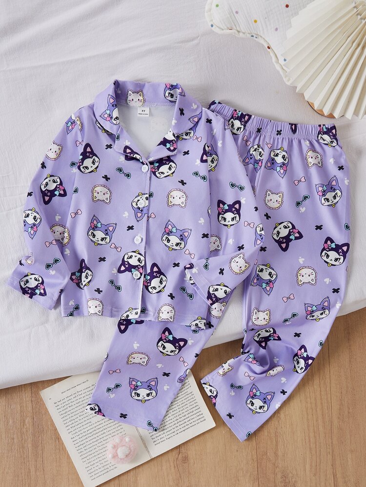 SHEIN 女童紫色深色貓咪印花可愛甜美開襟簡約長袖居家服套裝，柔軟舒適面料，女童完美禮物 - 紫色 - 查看 4