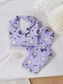 SHEIN Girls' Purple Dark Cat Print Cute Sweet Open Front Simple Long Sleeve Pants Loungewear Set, Soft And Comfortable Fabric, Perfect Gift For Girls - Purple - View 5
