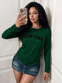 Zolique Women's Long-Sleeved Letter Print T-Shirt Graphic Tees Women Tops For Autumn Cloth For Women Everyday Going Out Dark Green Casual - Green - View 4