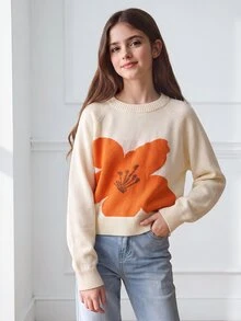 SHEIN Tween Girls Sweaters Orange And White Floral Pattern Soft Fuzzy Casual Knit Pullover Long Sleeve Loose Crew Neck Cute Back-To-School Autumn Holiday - Apricot - View 2
