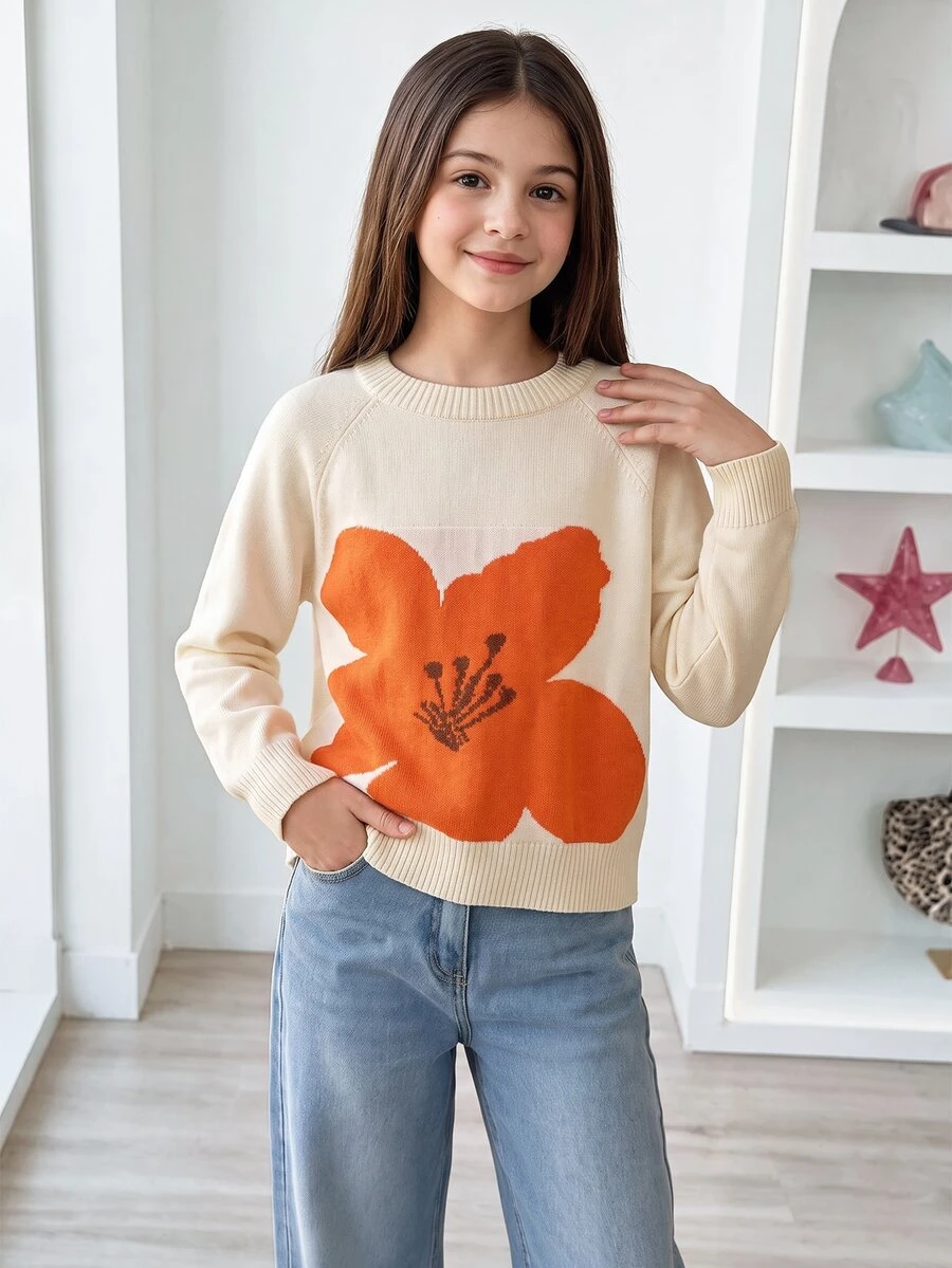 SHEIN Tween Girls Sweaters Orange And White Floral Pattern Soft Fuzzy Casual Knit Pullover Long Sleeve Loose Crew Neck Cute Back-To-School Autumn Holiday - Apricot - View 1