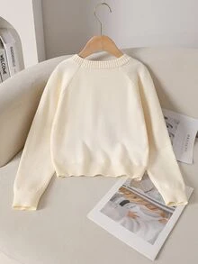 SHEIN Tween Girls Sweaters Orange And White Floral Pattern Soft Fuzzy Casual Knit Pullover Long Sleeve Loose Crew Neck Cute Back-To-School Autumn Holiday - Apricot - View 4