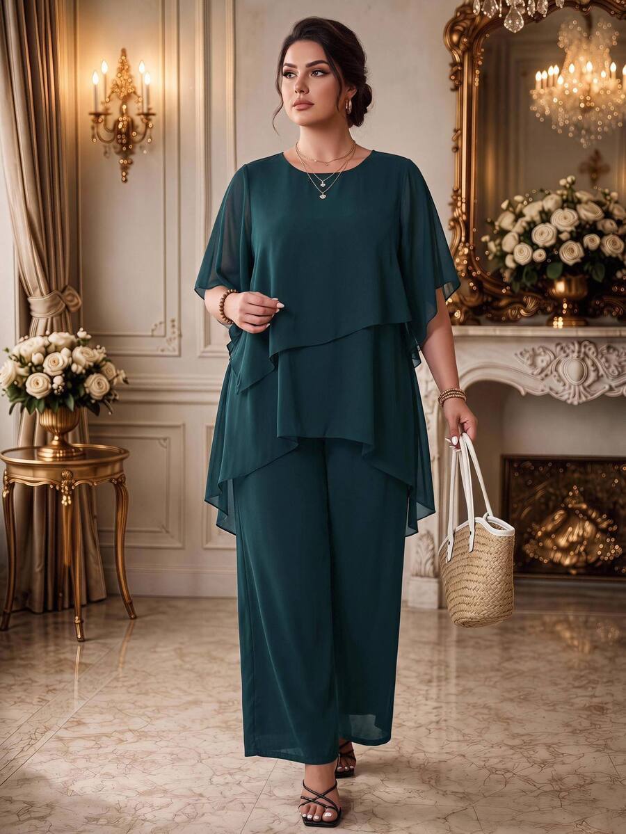EMERY ROSE Plus Size Chiffon Asymmetrical Cross-Over Ruffle Flared Sleeve Top + Layered Chiffon Wide Leg Pants Casual 2 Pieces Outfit For Work And Vacation - Dark Green - View 1