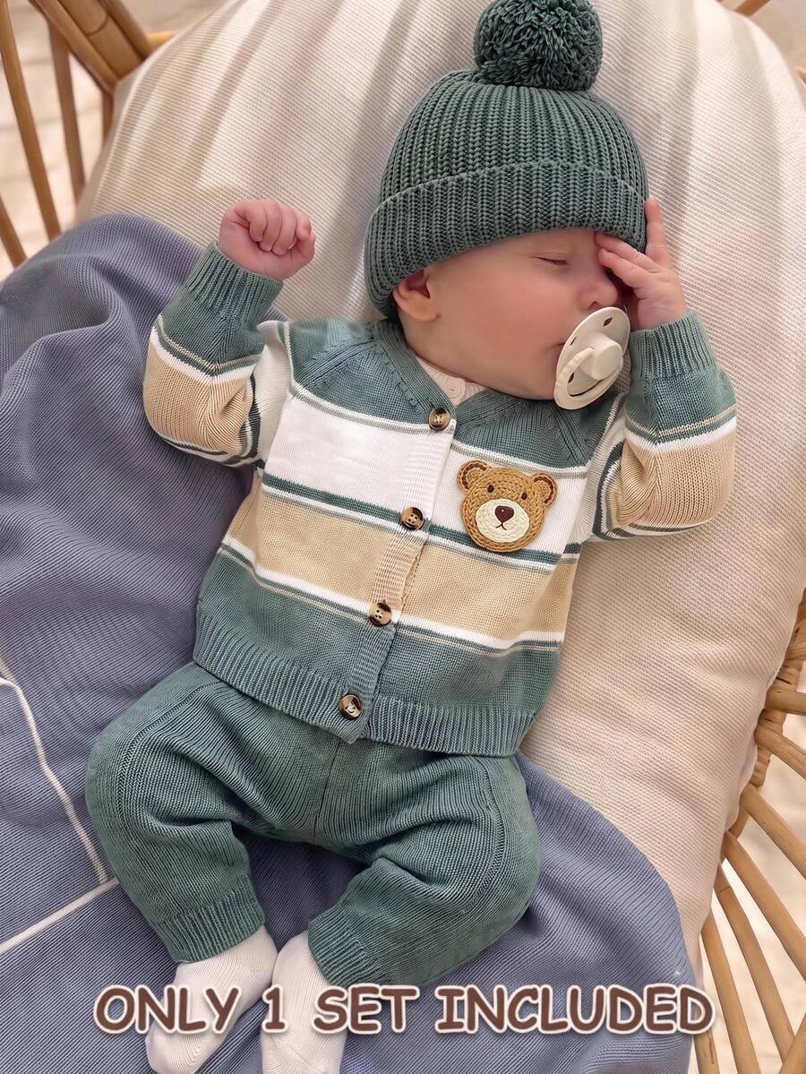 SHEIN Newborn Baby 3D Bear Pattern Colorblock Casual Daily Autumn Cardigan Ramdom Item Only - Green - View 1