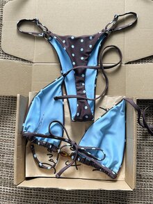 Swim Mod Women Brown And Blue Polka Dot Halter Tie Two Pieces Bikini Swimwear Bikini Set, - Multicolor - View 2