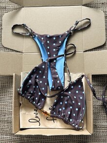 Swim Mod Women Brown And Blue Polka Dot Halter Tie Two Pieces Bikini Swimwear Bikini Set, - Multicolor - View 3