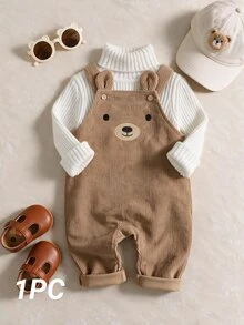 Souflis Souflis 1pc Baby Boy Newborn Bear Head Embroidered Corduroy Overalls, Suitable For All Seasons - Brown - View 8