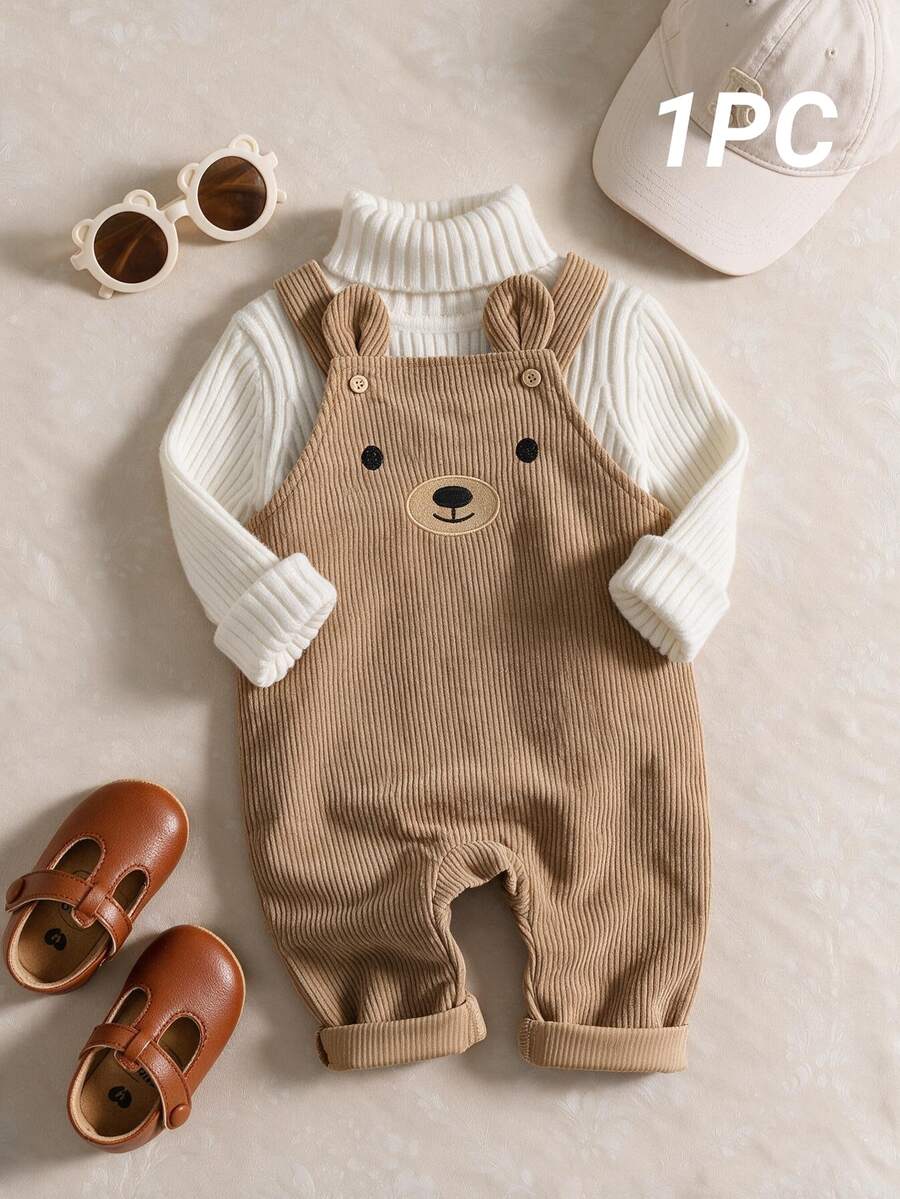 Souflis Souflis 1pc Baby Boy Newborn Bear Head Embroidered Corduroy Overalls, Suitable For All Seasons - Brown - View 1