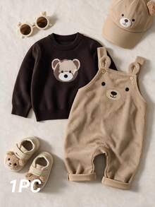 Souflis Souflis 1pc Baby Boy Newborn Bear Head Embroidered Corduroy Overalls, Suitable For All Seasons - Brown - View 9