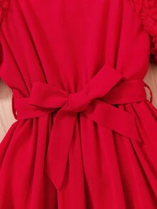 SHEIN Tween Girl Red Elegant Embroidered Puff Sleeve Dress For Christmas - Red - View 5