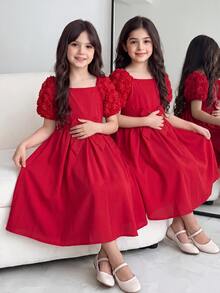 SHEIN Tween Girl Red Elegant Embroidered Puff Sleeve Dress For Christmas - Red - View 2