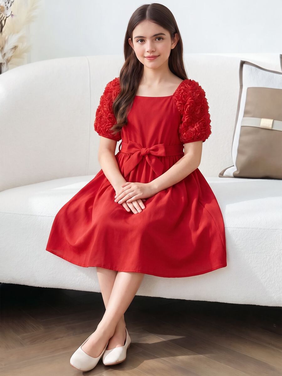 SHEIN Tween Girl Red Elegant Embroidered Puff Sleeve Dress For Christmas - Red - View 1