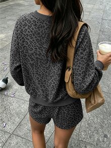 SuriyaCove Digital Print, Round Neck Long Sleeve Sweatshirt, Loose Shorts, 2 Pieces Set, Mature Sexy Outdoor Outfit, Leopard Print - Multicolor - View 2