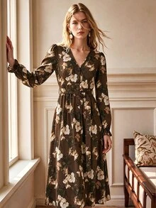SHEIN Spring/Summer And Autumn/Winter French Vintage Brown Floral Print Midi Dress - Coffee - View 5