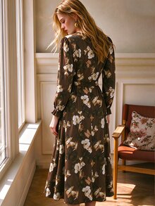 SHEIN Spring/Summer And Autumn/Winter French Vintage Brown Floral Print Midi Dress - Coffee - View 2