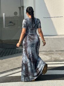 Muchica 大尺碼印花圓領短袖上衣與裙子兩件套，適合外出、度假、派對、海灘、正式場合，性感灰色夏季休閒街頭風 90 年代 - 彩色 - 查看 2