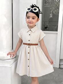 SHEIN Young Girl Loose White Button Down Shirt Dress Belt Collared Preppy Princess Back-To-School Casual Wear 7th Birthday Gift Summer - Apricot - View 4