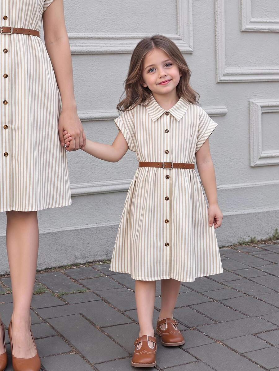 SHEIN Young Girl Loose White Button Down Shirt Dress Belt Collared Preppy Princess Back-To-School Casual Wear 7th Birthday Gift Summer