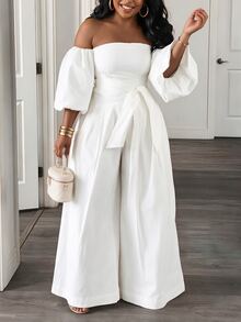 SHEIN BamGlam Bộ jumpsuit nữ thời trang trễ vai tay phồng ống rộng, thích hợp cho kỳ nghỉ và các dịp trang trọng như tiệc tùng. - trắng - Xem 2