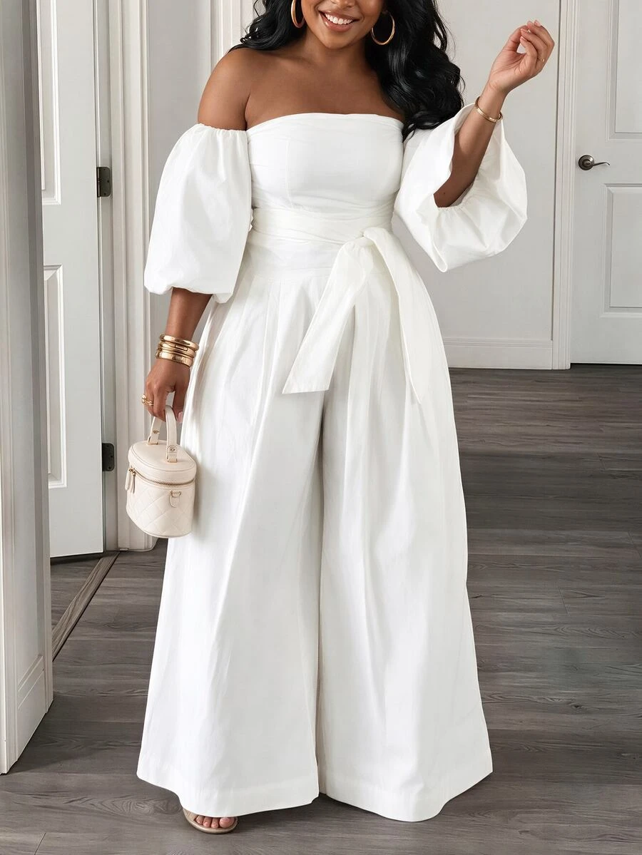 SHEIN BamGlam Bộ jumpsuit nữ thời trang trễ vai tay phồng ống rộng, thích hợp cho kỳ nghỉ và các dịp trang trọng như tiệc tùng.
