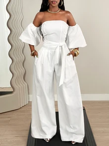 SHEIN BamGlam Bộ jumpsuit nữ thời trang trễ vai tay phồng ống rộng, thích hợp cho kỳ nghỉ và các dịp trang trọng như tiệc tùng. - trắng - Xem 6