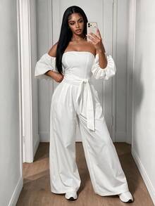 SHEIN BamGlam Bộ jumpsuit nữ thời trang trễ vai tay phồng ống rộng, thích hợp cho kỳ nghỉ và các dịp trang trọng như tiệc tùng. - trắng - Xem 5