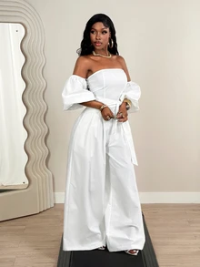 SHEIN BamGlam Bộ jumpsuit nữ thời trang trễ vai tay phồng ống rộng, thích hợp cho kỳ nghỉ và các dịp trang trọng như tiệc tùng. - trắng - Xem 10