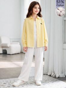SHEIN Tween Girls Fall Outfits 3pcs/Set 51%Cotton,Yellow Long Sleeve Striped Digital Print Shirt, Black Long Pants, Autumn/Winter Outfit, Back To School - Multicolor - View 3