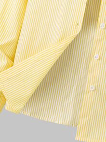 SHEIN Tween Girls Fall Outfits 3pcs/Set 51%Cotton,Yellow Long Sleeve Striped Digital Print Shirt, Black Long Pants, Autumn/Winter Outfit, Back To School - Multicolor - View 6