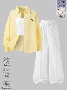 SHEIN Tween Girls Fall Outfits 3pcs/Set 51%Cotton,Yellow Long Sleeve Striped Digital Print Shirt, Black Long Pants, Autumn/Winter Outfit, Back To School - Multicolor - View 4