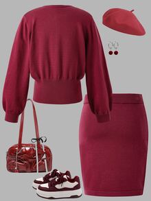SHEIN Tween Girls Sweater Set,Vintage Style Knit 2 Pieces Set For Autumn/Winter,Burgundy Pearl Button Cardigan+Bodycon Skirt,Elegant,Holiday,Back-To-School - Burgundy - View 2