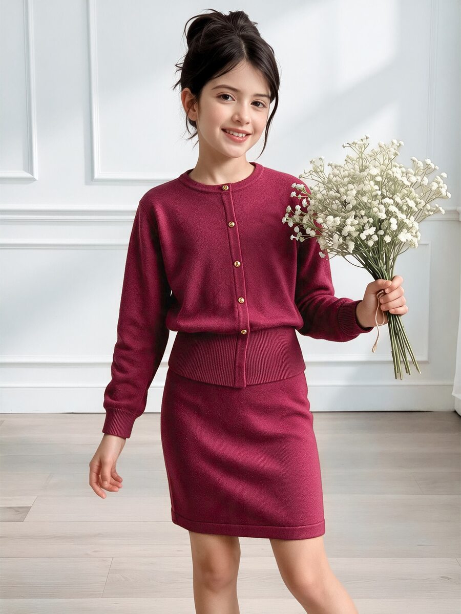 SHEIN Tween Girls Sweater Set,Vintage Style Knit 2 Pieces Set For Autumn/Winter,Burgundy Pearl Button Cardigan+Bodycon Skirt,Elegant,Holiday,Back-To-School - Burgundy - View 1
