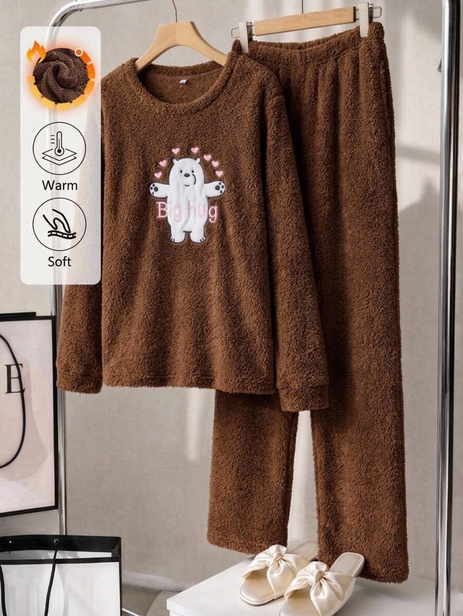 SHEIN Cute Bear Embroidered Ribbed Plush Sleepwear Set Women's Warm Long Sleeve Two Pieces Pajama Set