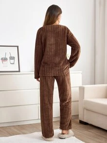 SHEIN Cute Bear Embroidered Ribbed Plush Sleepwear Set Women's Warm Long Sleeve Two Pieces Pajama Set - Brown - View 3