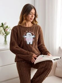 SHEIN Cute Bear Embroidered Ribbed Plush Sleepwear Set Women's Warm Long Sleeve Two Pieces Pajama Set - Brown - View 7